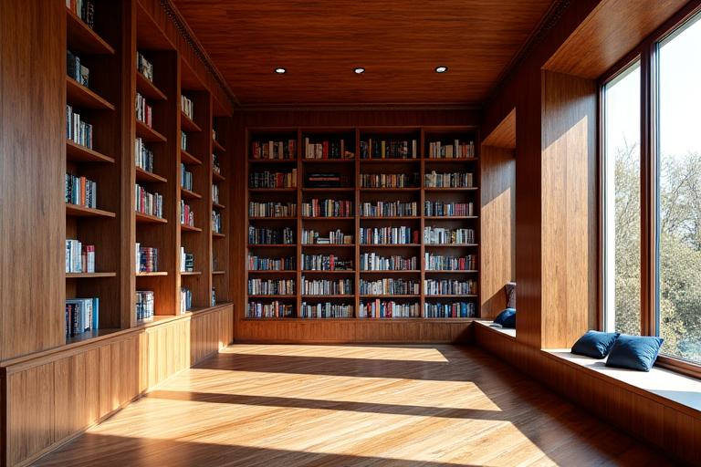 Bibliothèque sur mesure en bois noble, intégrant un coin lecture élégant
