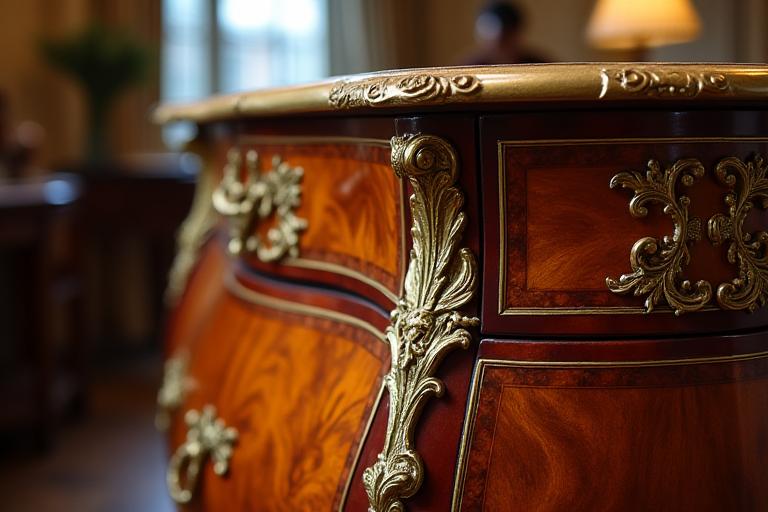 Commode Louis XV restaurée dans un atelier, détails de bronze doré