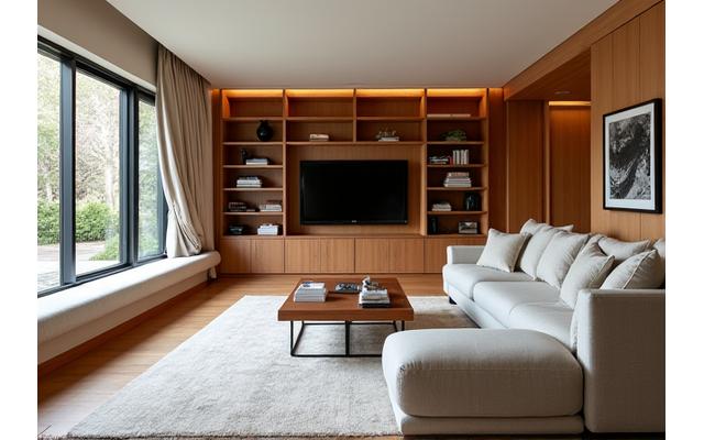 Intérieur de salon élégant et harmonieux, agencé avec du mobilier sur-mesure